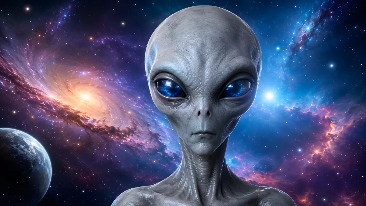 Grauer Alien vor leuchtendem Galaxie-Hintergrund
