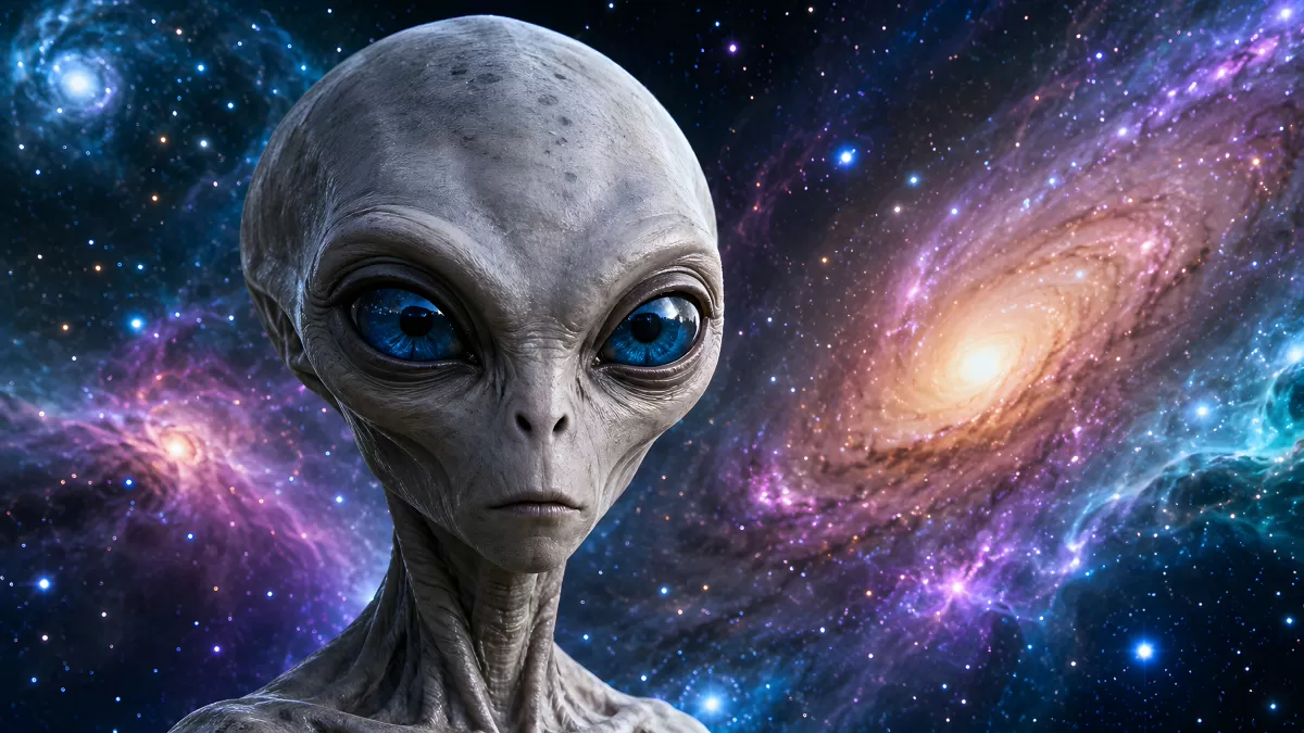 Grauer Außerirdischer vor farbenfrohem Galaxienhintergrund