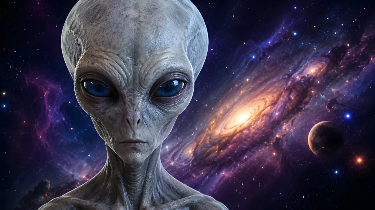 Grauer Außerirdischer vor leuchtendem Galaxienhintergrund