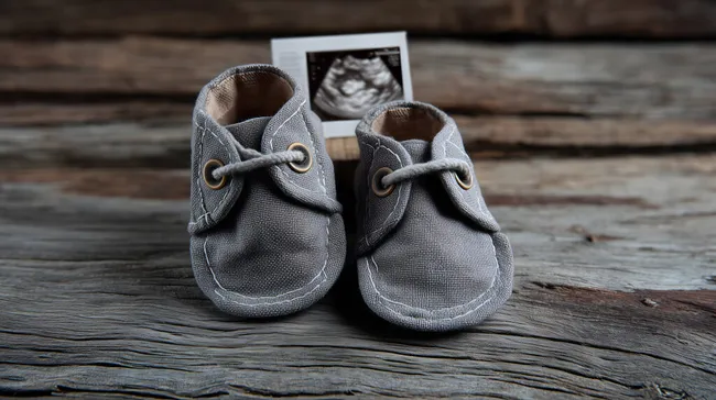 Grauer Babystiefel mit Ultraschallbild auf rustikalem Holz