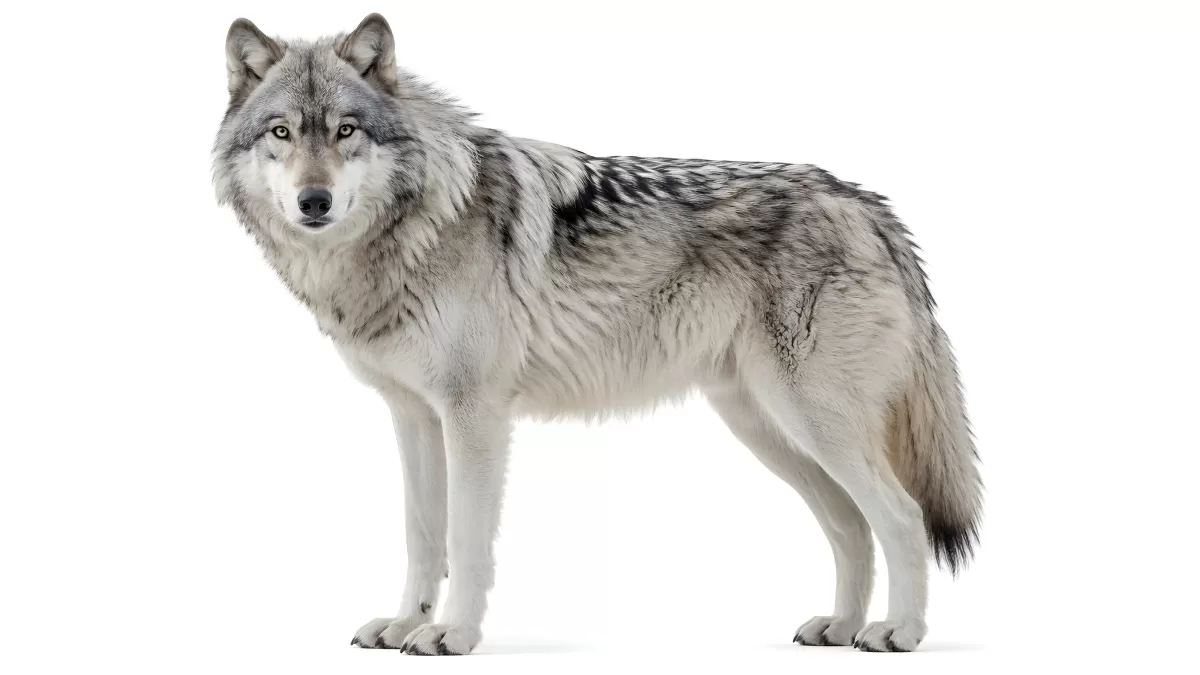 Grauer Wolf im Profil vor weißem Hintergrund