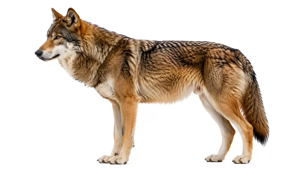 Grauer Wolf in Seitenansicht vor weißem Hintergrund