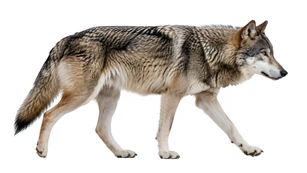 Grauer Wolf läuft seitlich vor weißem Hintergrund