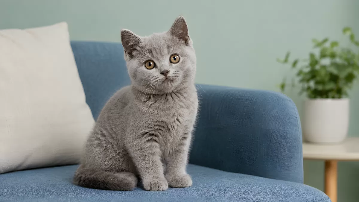 Graues Britisch-Kurzhaar-Kätzchen auf blauem Sofa