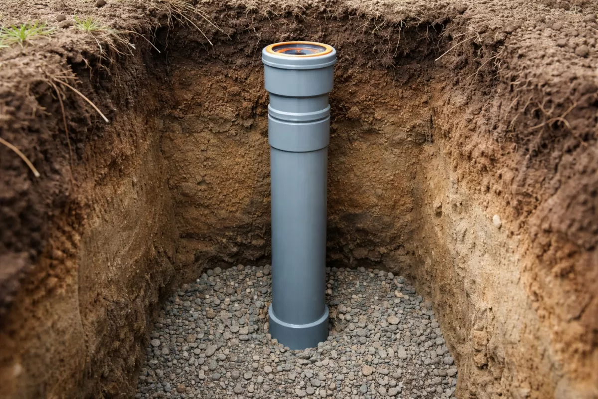 Graues PVC-Rohr in ausgehobenem Erdgraben mit Kies