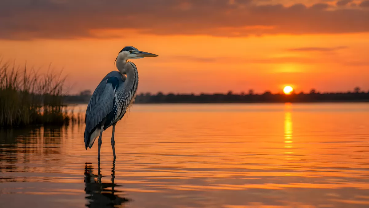 Graureiher steht im Wasser vor orangefarbenem Sonnenuntergang