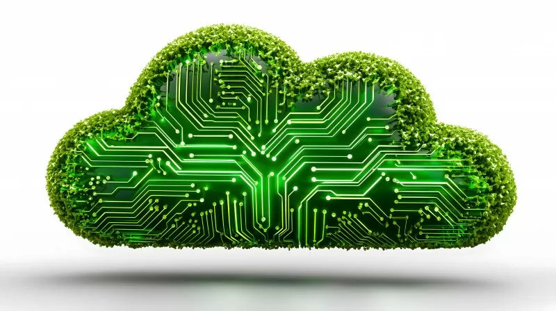 Green cloud computing symbol with circuit board and leaves