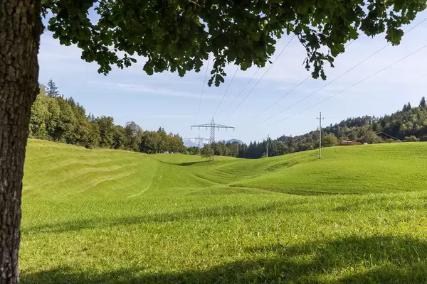 Green field with electricity pylons and surrounded by trees in Tyrol, Austria