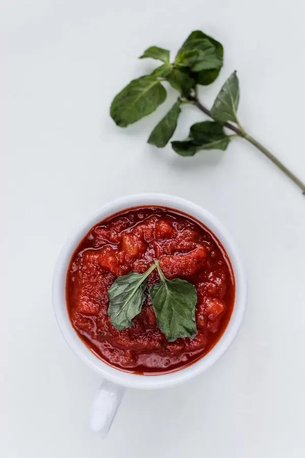 Green Fresh Basil with Tomato Sause, Top View