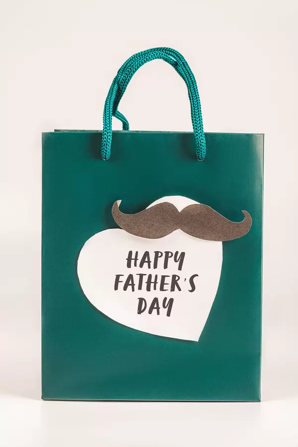 Green gift bag decorated with heart and mustache - father congratulation concept