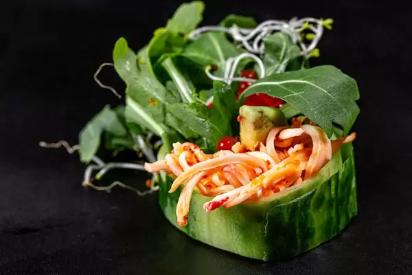 Green roll with crab meat, red caviar, arugula and micro greenery (Flip 2019)