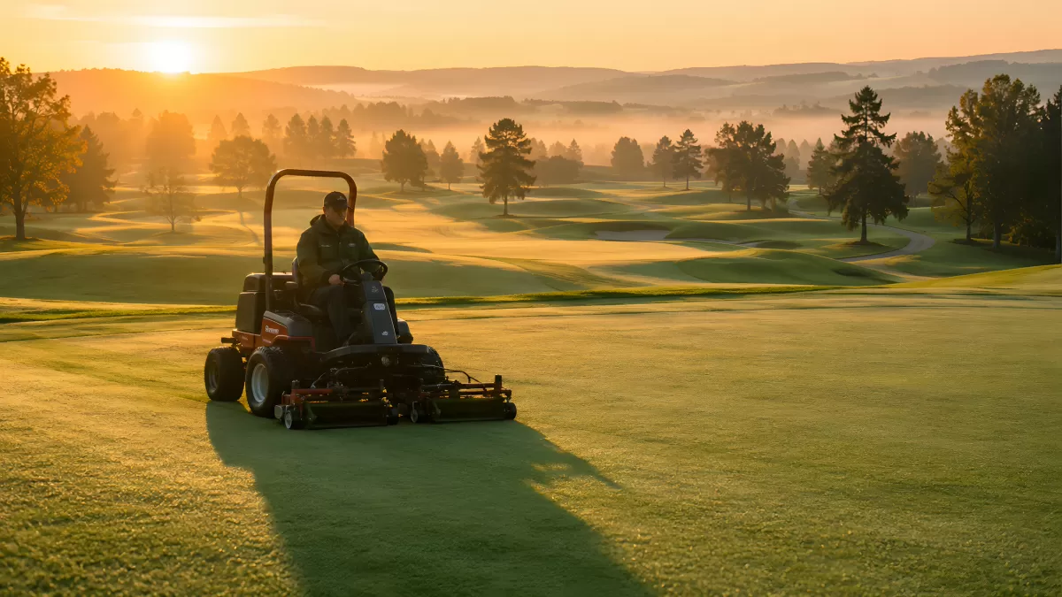 Greenkeeper mäht Golfplatz bei goldenem Sonnenaufgang