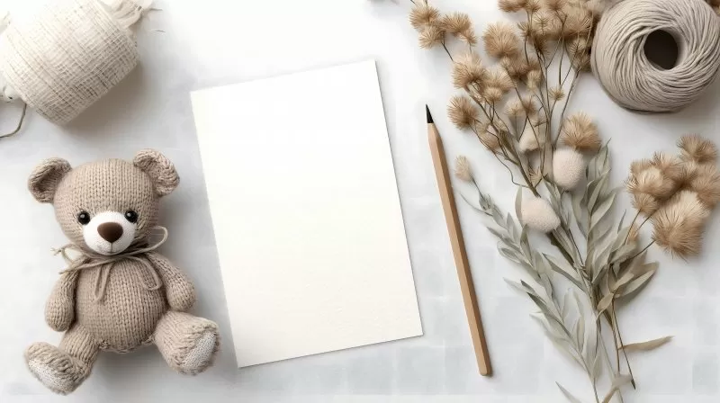 Greeting card mock-up with teddy and dry flowers