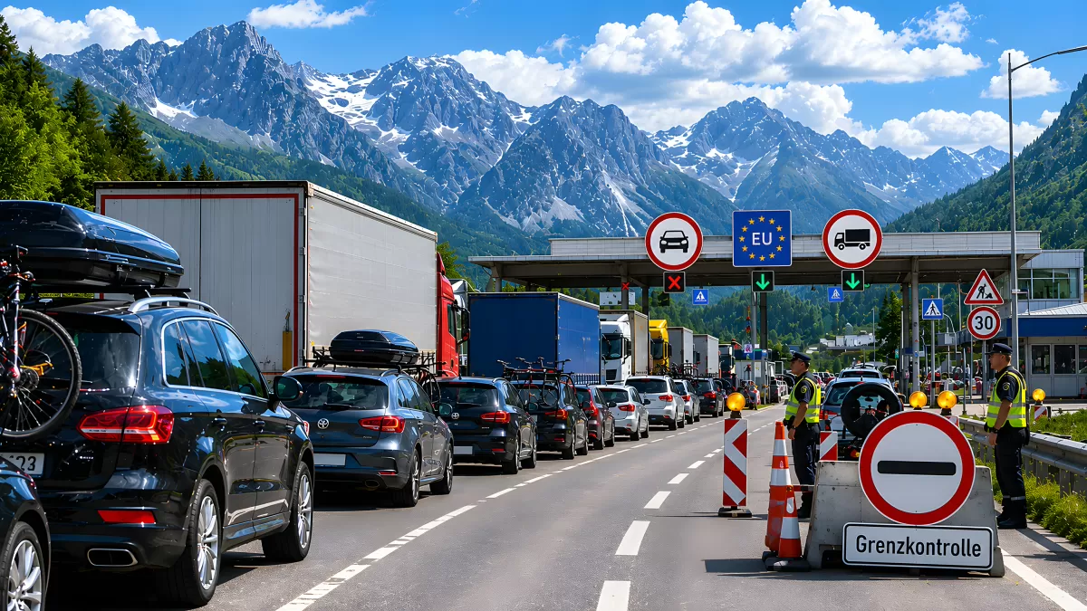 Grenzkontrolle in den Alpen mit Fahrzeugstau am Brenner