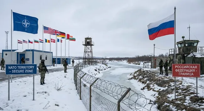 Grenzübertritt zwischen NATO und Russland in schneebedeckter Winterlandschaft