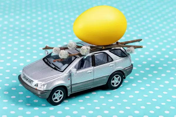 Grey toy car with a yellow egg and willow branches on a blue background (Flip 2020)