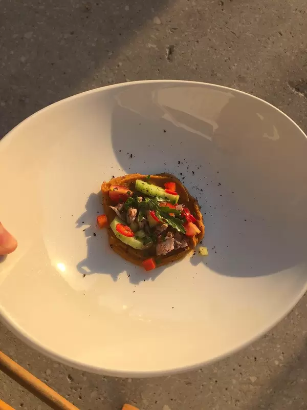 Griechische Beilage mit buntem Gemüse wie Gurken, Tomaten und Paprika auf einer Creme