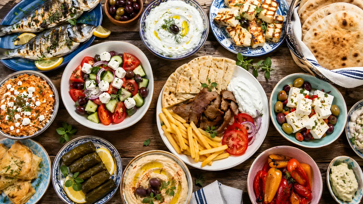 Griechische Mezze-Tafel mit Salat und Fladenbrot