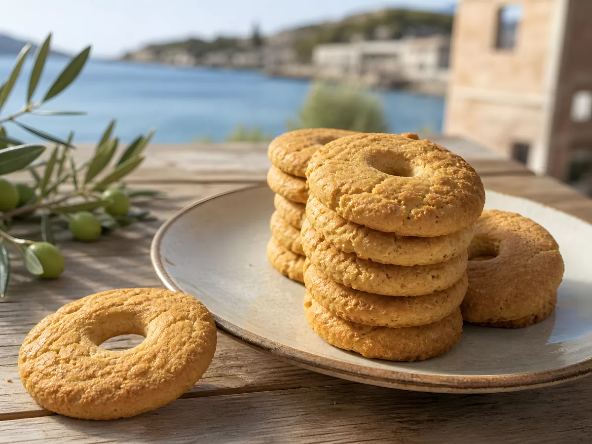 Griechische Olivenöl-Kekse auf Teller am Mittelmeer
