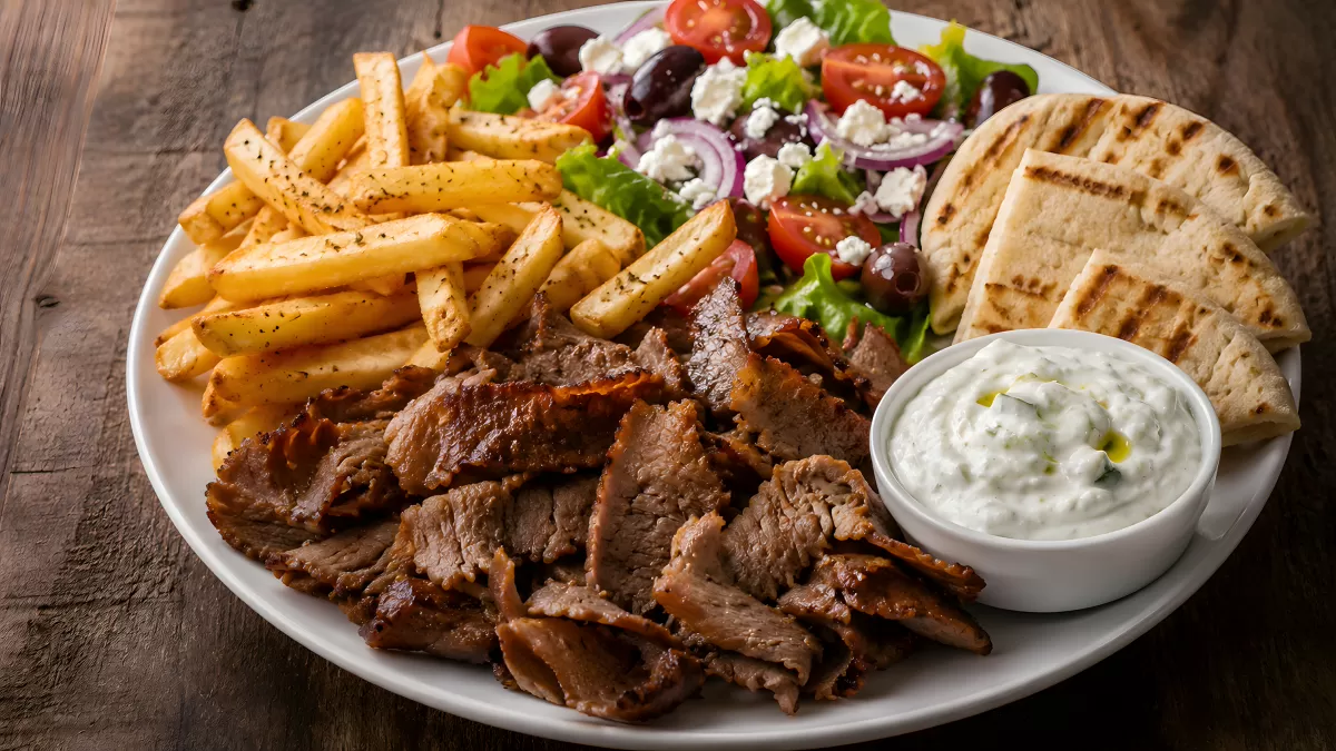 Griechischer Gyros-Teller mit Tzatziki und Salat