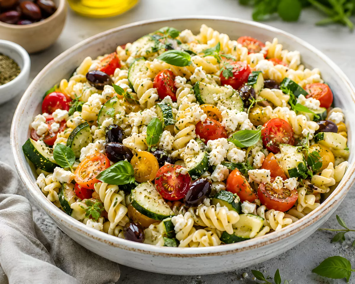 Griechischer Nudelsalat mit Feta, Oliven und Tomaten
