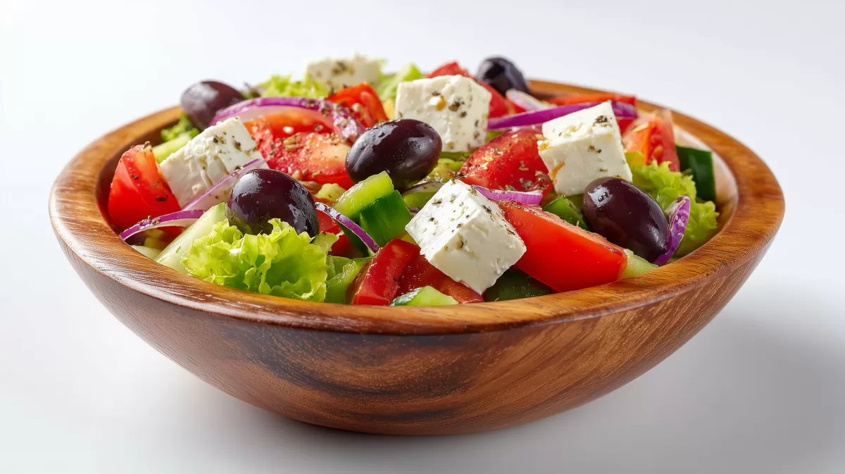 Griechischer Salat klassisch in Holzschüssel