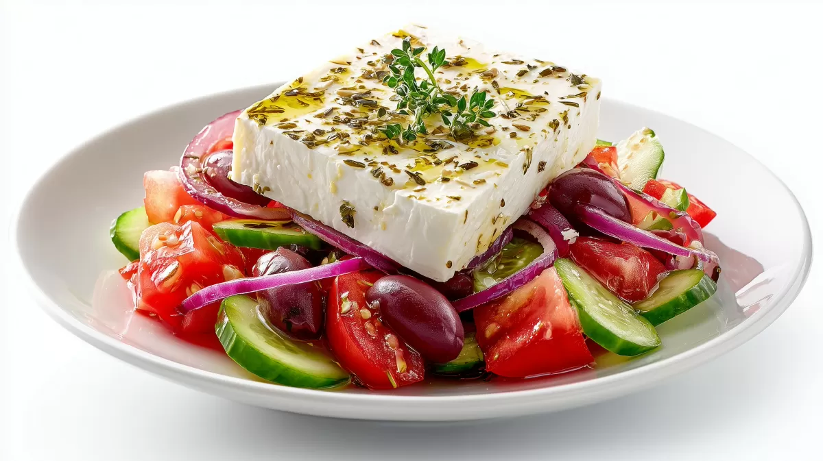 Griechischer Salat mit Feta-Block und Oliven