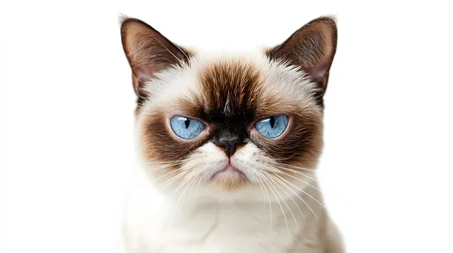 Griesgrämige Katze mit blauen Augen