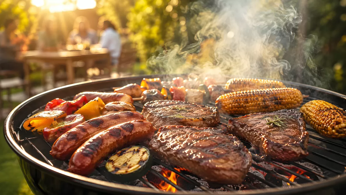 Grill mit Steaks, Würstchen und Maiskolben im Garten