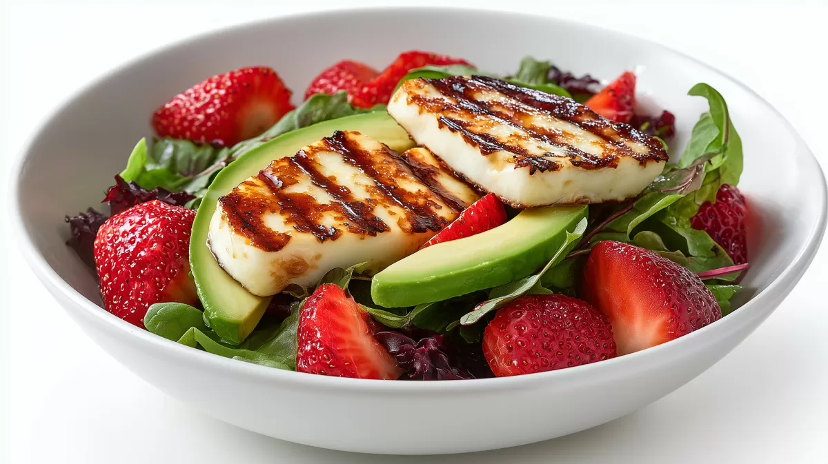Grilled Halloumi Bowl mit Erdbeeren photoreal
