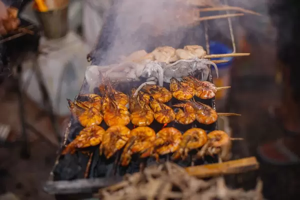 Grilled shrimps being served at a local food stall, Bacolod City