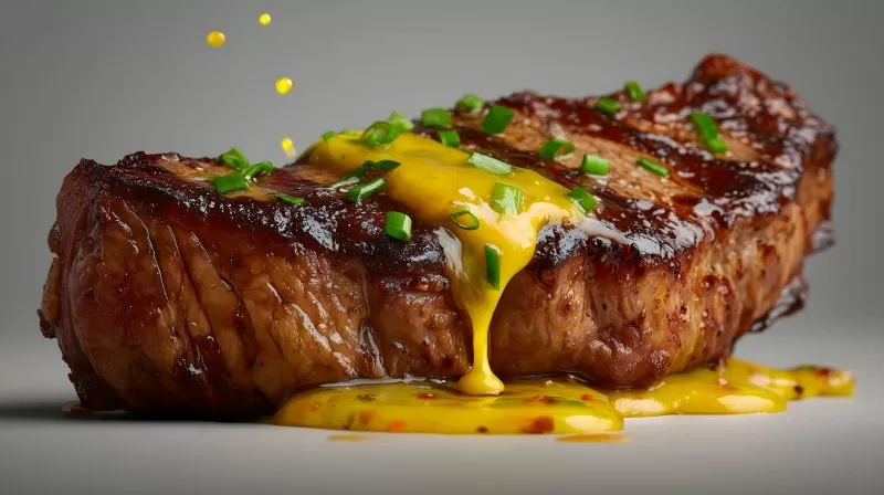 Grilled steak with melted butter and spices dripping off