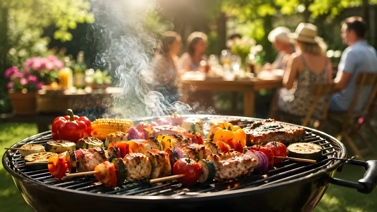 Grillparty im Garten mit Gemüsespießen und Fleisch