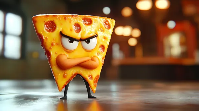 Grimmige Pizzascheibe mit verschränkten Armen