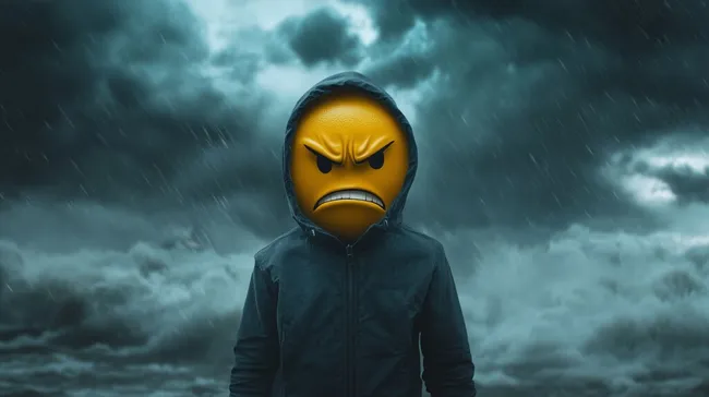 Grimmiges Emoticon-Gesicht bei stürmischem Wetter