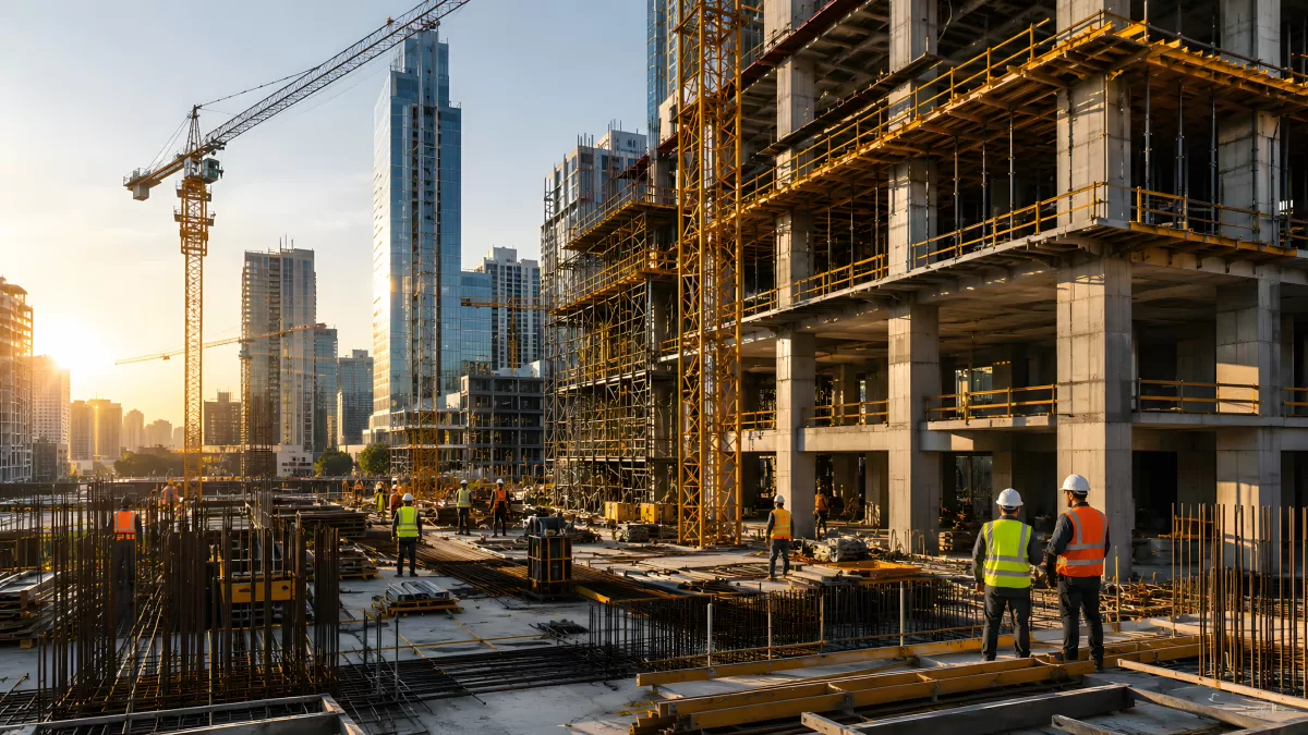 Großbaustelle mit Kran und Bauarbeitern bei Sonnenuntergang