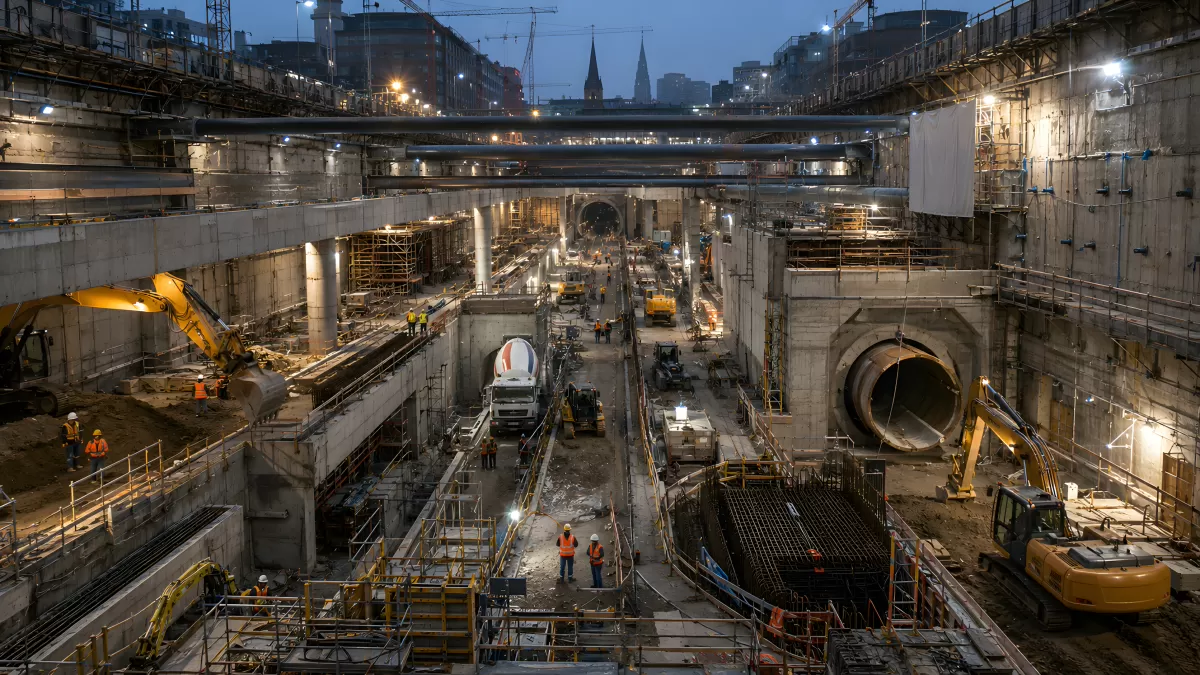 Großbaustelle Tunnelanlage in urbaner Innenstadt bei Nacht