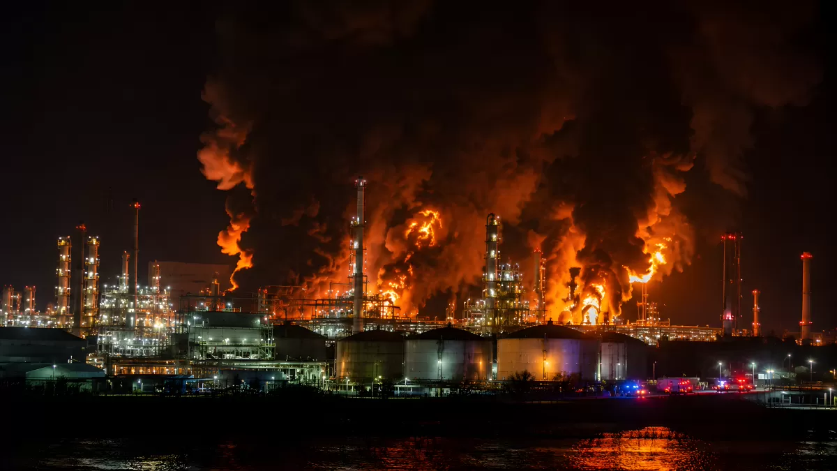 Großbrand in Raffinerie bei Nacht mit Flammen