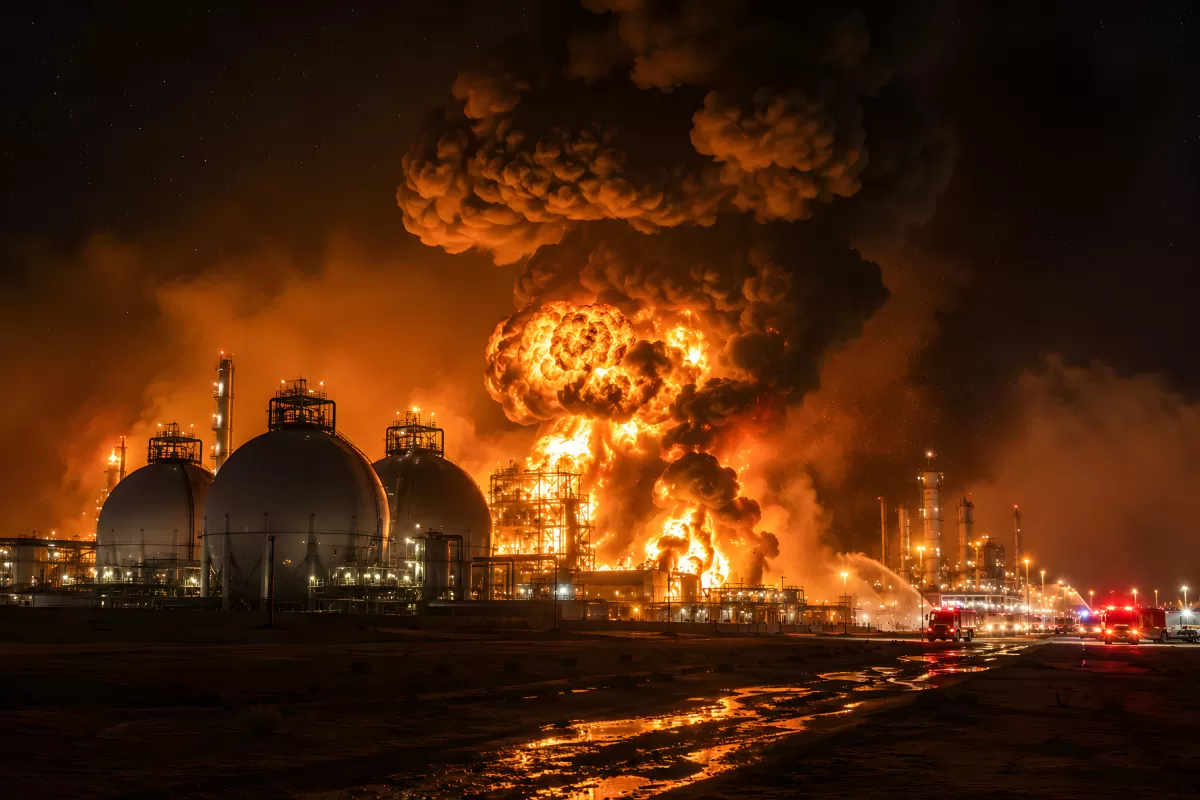 Großbrand in Raffinerie mit Explosionswolke bei Nacht