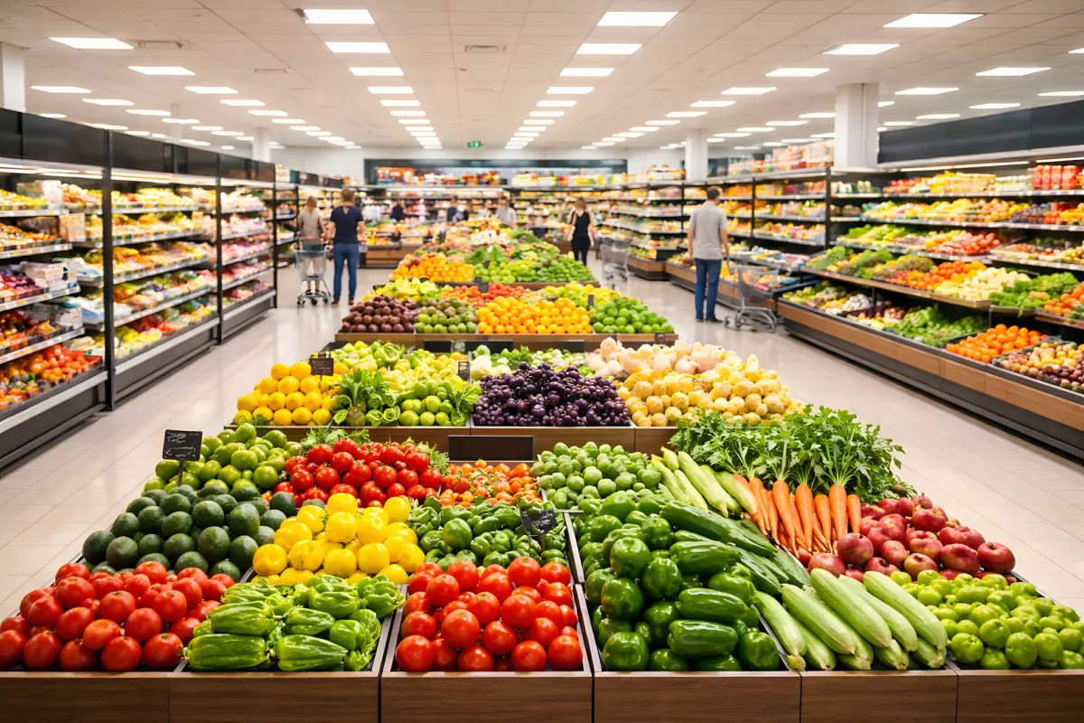 Große Auswahl an frischem Obst und Gemüse im Supermarkt