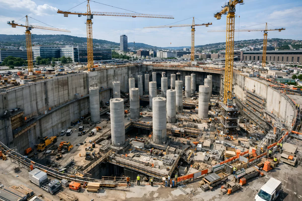 Große Baustelle mit Kränen und Betonpfeilern