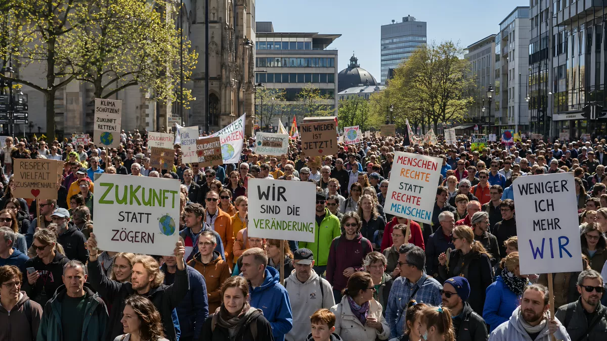 Große Demonstration mit Schildern in deutscher Stadt