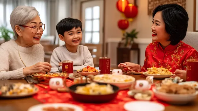 Große, fröhliche Familie feiert chinesisches Neujahrsfest