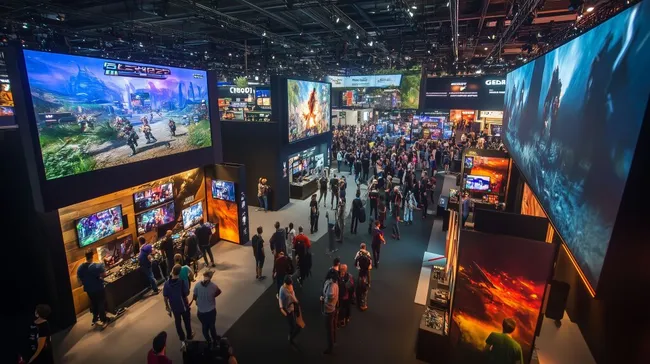Große Gaming-Messe mit Ständen und großen Bildschirmen