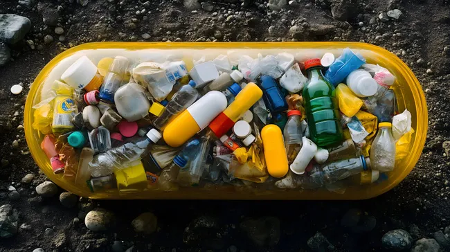 Große gelbe Plastikdose mit Müll und Flaschen in der Natur