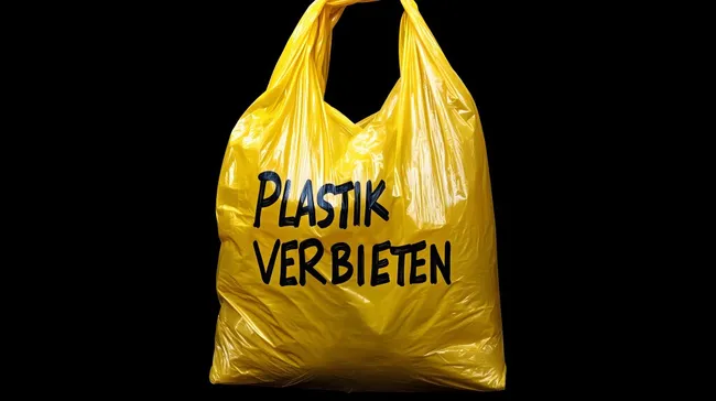 Große gelbe Plastiktüte mit Aufruf zum Plastikverbot