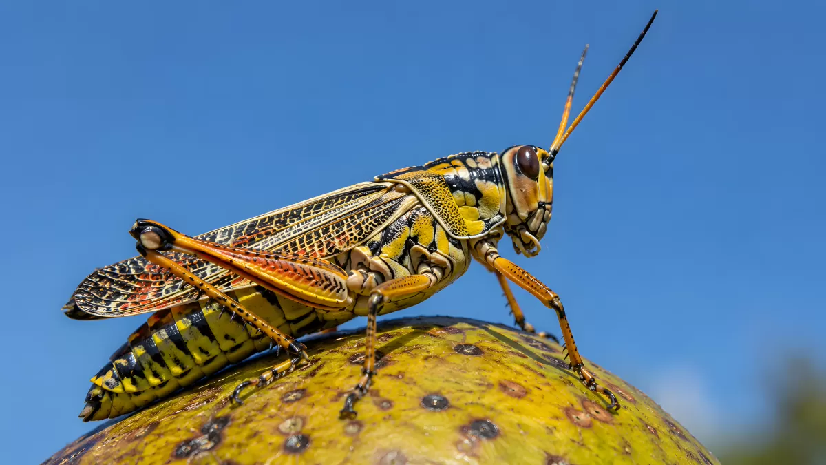 Große Heuschrecke auf grüner Frucht vor blauem Himmel