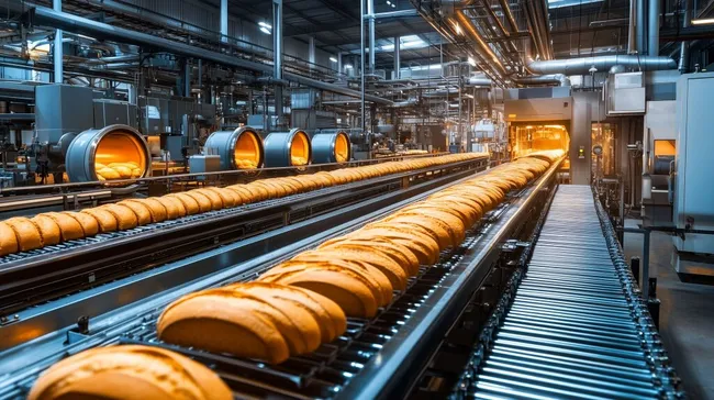 Große Industriebäckerei mit Förderband und Broten