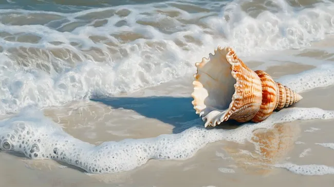 Große Muschel am Strand mit schäumender Meereswelle