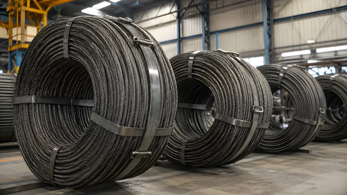 Große Stahlseilrollen in einer Industriehalle